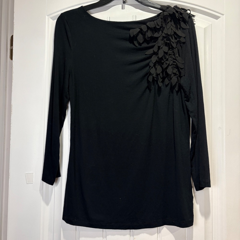 Anne Klein Top Women S Black Long Sleeve 3D Floral Applique Boat Neck Blouse